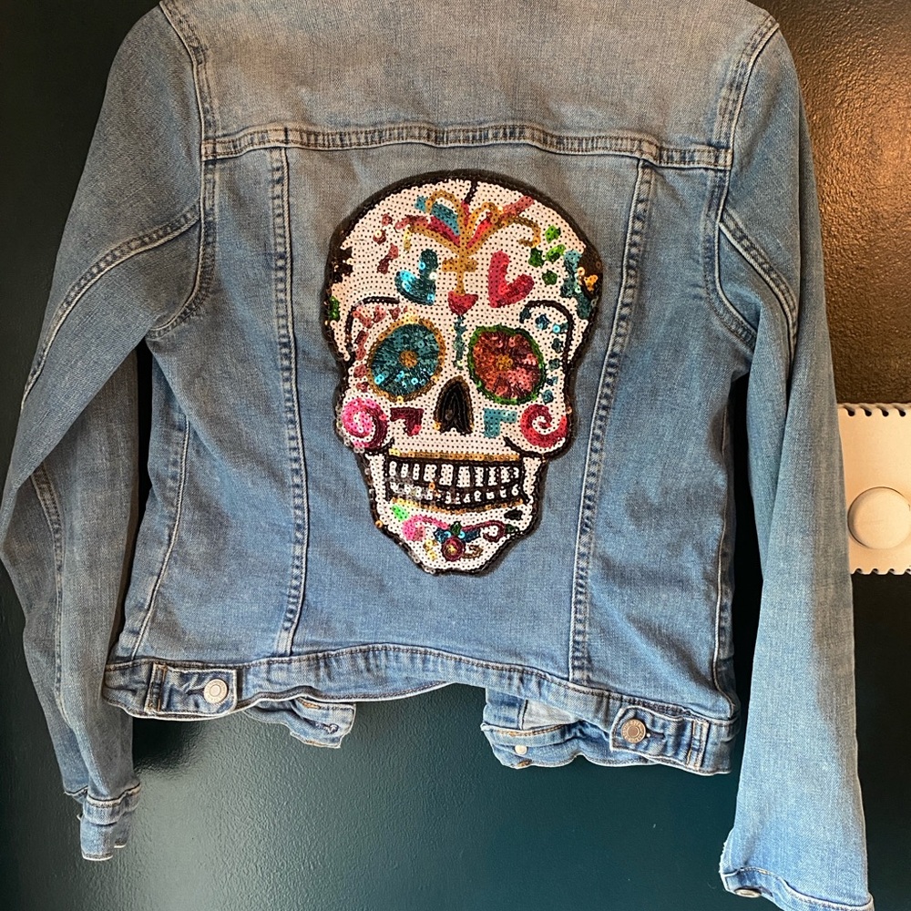 Embroidered Denim Jacket with Skull Design